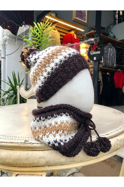 Gözde Tasarım Butik Women's Brown Pink Color Patterned Handmade Knitted Beani...