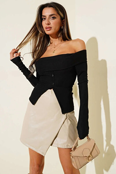 BLACK MODBLACK بلوزة أوزباي مادونا بياقة وأزرار باللون الأسود T4329 1152714