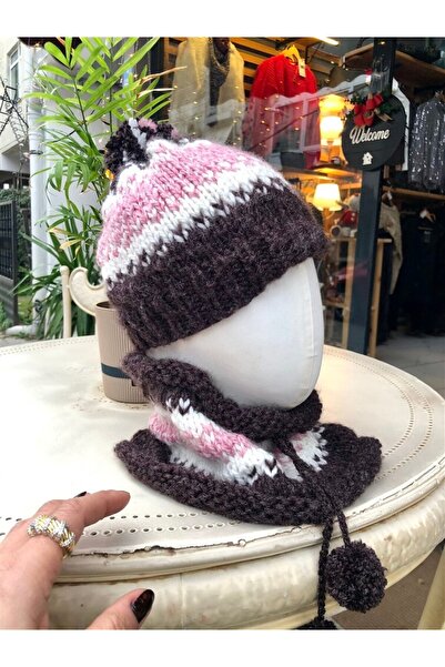 Gözde Tasarım Butik Women's Brown Pink Patterned Handmade Knitted Beanie and ...