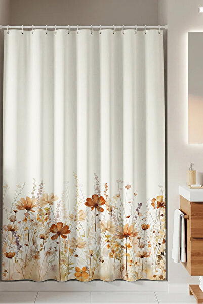 PrintiesPlus Dekoratif Gelincikler Kahve Ton Duş Perdesi 1x160x200 Banyo Perd...