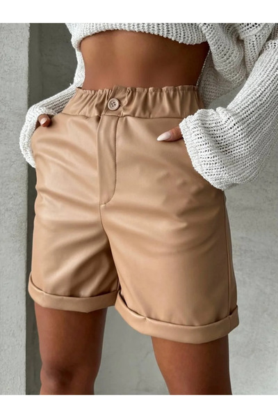 BLACK MODBLACK Leather Shorts with Elastic Waist and Double Legs Beige W24755