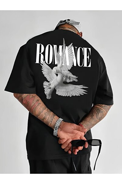 Unisex Kadın/Erkek ROMANCE Özel Baskılı Oversize Pamuklu Bisiklet Yaka Penye T-Shirt