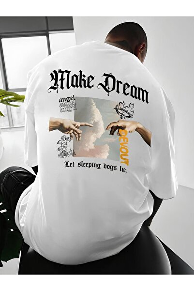 Unisex Kadın/Erkek DREAM Özel Baskılı Oversize Pamuklu Bisiklet Yaka Penye T-Shirt