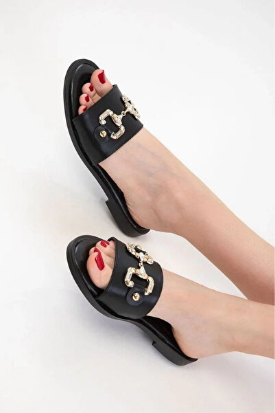 BLACK MODBLACK Ozbay Toha Black Leather Buckle Slippers 1152714