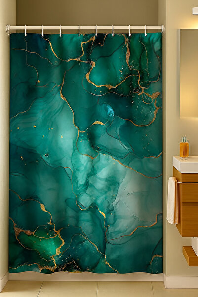 PrintiesPlus Dekoratif Soyut Yeşil Dalgalar Duş Perdesi 1x160x200 Banyo Perde...