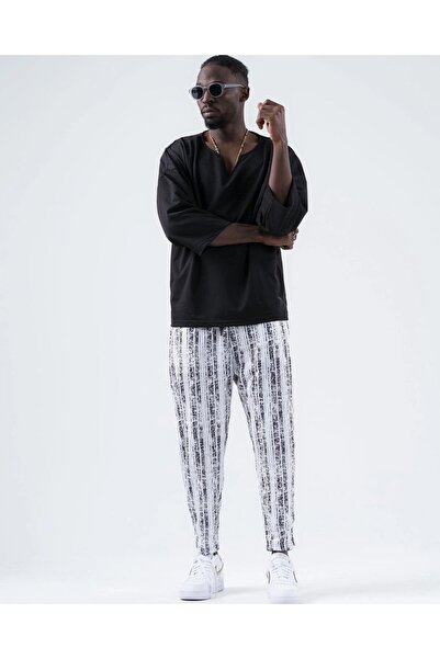 Yasmy Collection Men's White Black Patterned Straight Cut Pocket Pants with R...