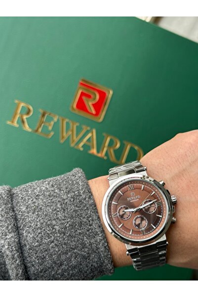 Reward ساعة يد رجالية فضية اللون بمينا بني اللون مع وظائف متعددة + سوار