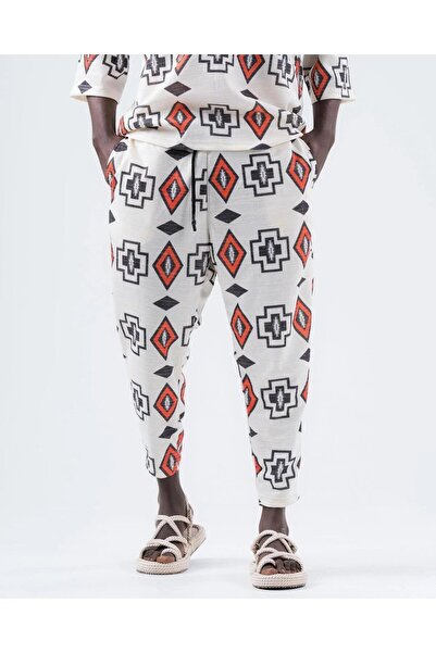 Yasmy Collection Men's White Geometry Pattern Waist Rope Tie-Up Straight Cut ...