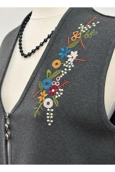 Özenli Triko Steel Knit 3 Button Colorful Floral Embroidered Mother's Vest Anthracite
