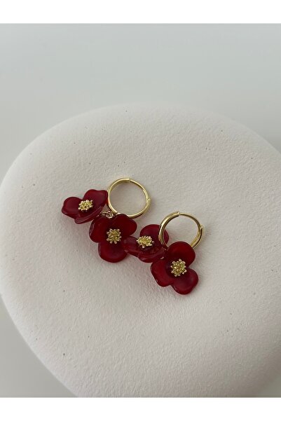 Moss Aksesuar Floral Hoop Earrings Red