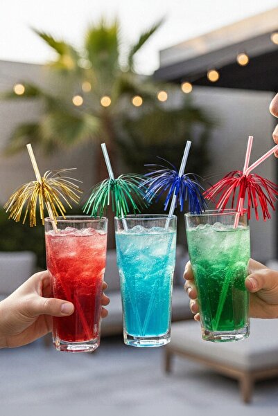 NadirAmbalaj 25 Adet Püsküllü Kokteyl Pipeti - Renkli Palmiye Parti Pipeti - ...