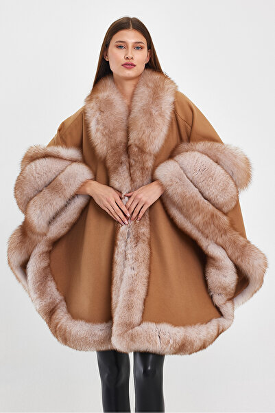 nero leather fur Kamel Rengi Kadın Panço Kürk Detaylı Şal