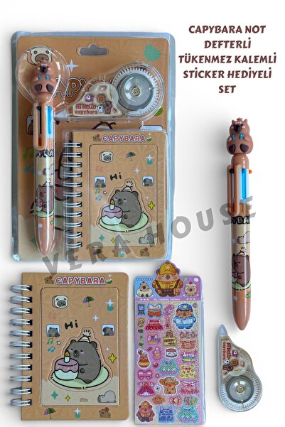 Capybara Model Sticker Hediyeli Kırtasiye Seti - Capy Bara Not Defterli Tükenmez Kalemli Set