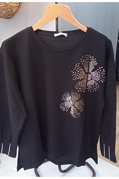 Whip Design Büyük Beden Çift Renkli Çiçek Baskılı Siyah Renk Kol Detaylı Bluz