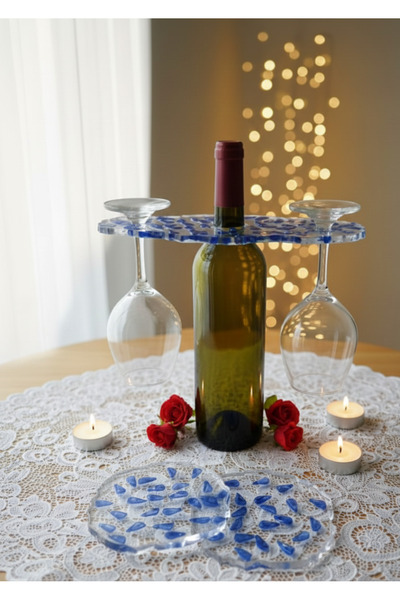 Lumine Glow Atelier Kişiye Özel El Yapımı Şarap Şişesi Kadeh Tutucu ve 2’li B...