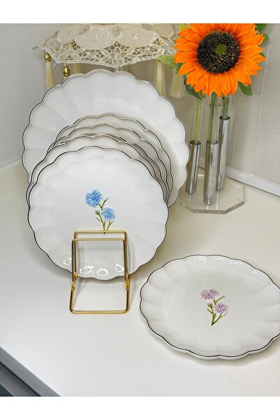 cicizuccaciye 7 Parça Porselen Çiçek Desenli Pasta/Servis Takımı