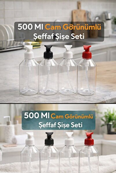 plant-home 500 Ml Cam Görünümlü Şeffaf PET Şişe Seti – 4 Adet | Banyo - Şampu...