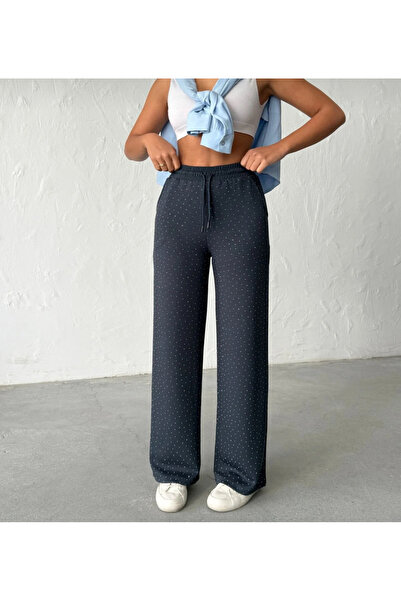 MODA CESE بنطلون واسع الساقين من قماش المودال مع أحجار على الجانبين وحزام ربط...