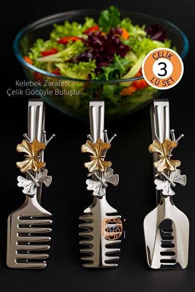 Transformacion Kelebek Figürlü 3’lü Paslanmaz Çelik Servis Maşası Seti - Sala...