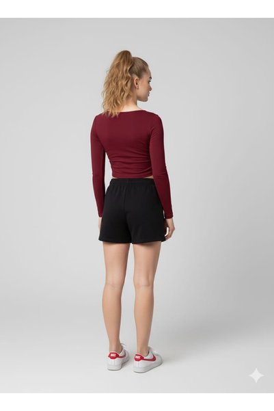serkertaş Women's Burgundy Crew Neck Long Sleeve Viscose Crop Blouse