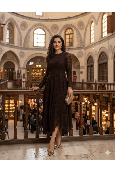 UZER Kadın Kahverengi Tül Üzeri Flok Baskılı Asimetrik Kesim Abiye Elbise