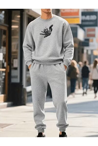 LELVANİ Crew Neck Tracksuit Sweatshirt with Dice Print Design