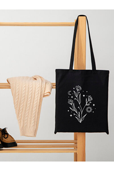 junobi Ay ve Çiçek Baskılı Siyah Ham Bez Çanta-35x40 cm
