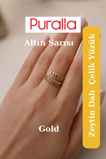 Puralia Olive Branch Adjustable Steel Ring - Golden Yellow (Gold)