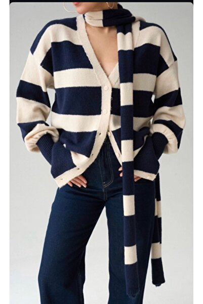 Sibel Günay Butik Navy Blue and White Front Buttoned Knitwear Women's Cardiga...