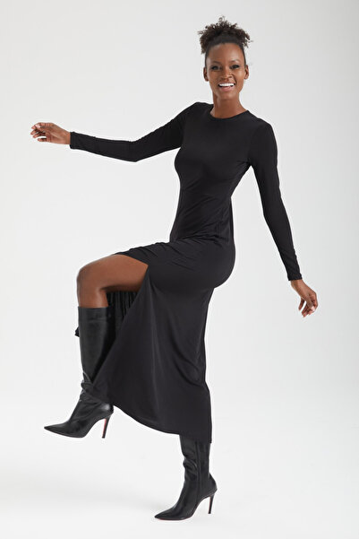 By Yaren Yazıcı Women's Black Crew Neck Maxi Length Long Sleeve Slit Dress Da...