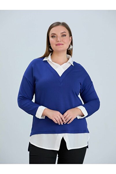 Te&Te Women's Large Navy Blue Shirt Collar Blouse