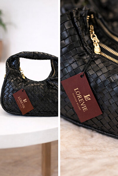 LOREVIE Women's Black Knitted Patterned Mini Stylish Hand and Shoulder Bag