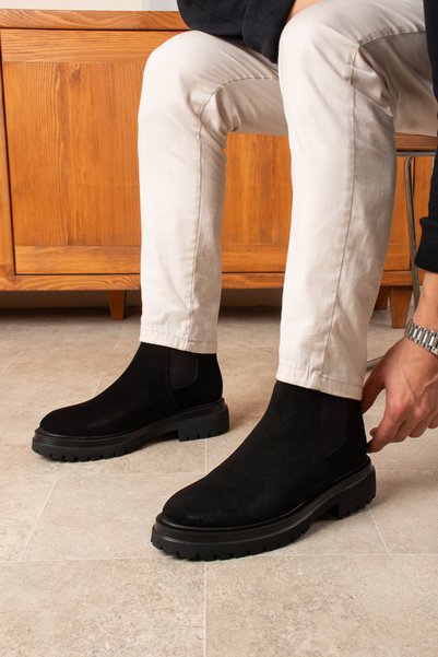 YAREL AYAKKABI Men's Genuine Leather Suede Chelsea Thick Non-Slip Eva Sole Waterproof Black Boots