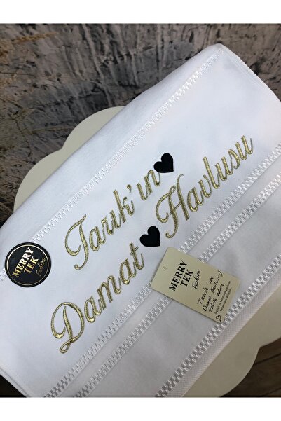 MERRYTEK Fashion İsimli Damat Havlusu Söz Nişan Düğün Gold Metalik Nakışlı 50...