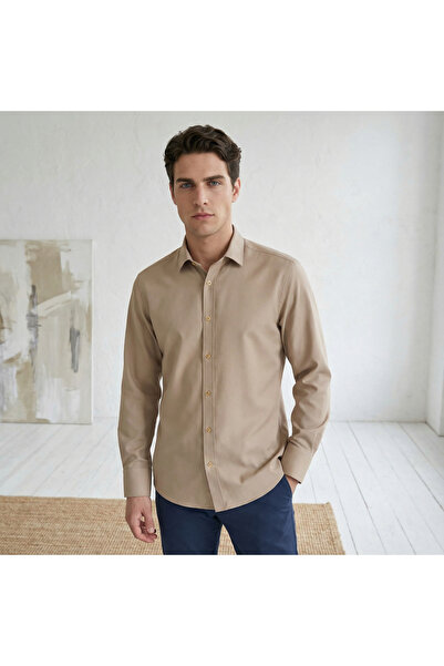 YusayTr Slim Fit Long Sleeve Cotton Hidden Button Collar Oxford Shirt