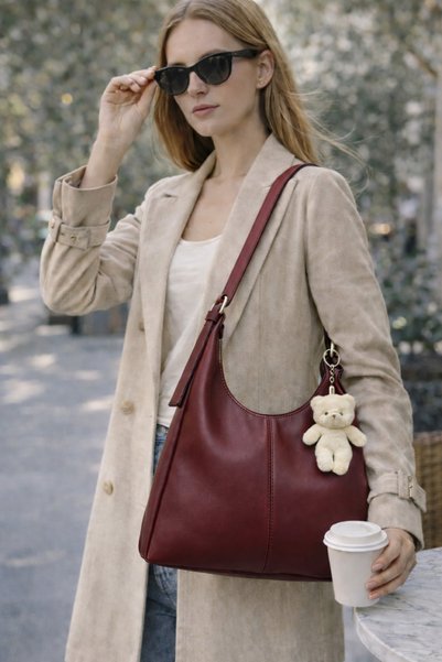 Bersia Women's Teddy Bear Charm Detailed Hand and Shoulder Bag with Zipper Closure and Adjustable Belt Strap