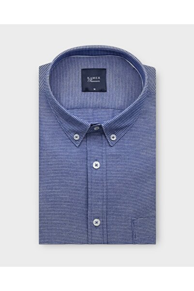 KAMER Regular Fit Long Sleeve Button-Up Collar Dobby Dark Blue Shirt 4074Km