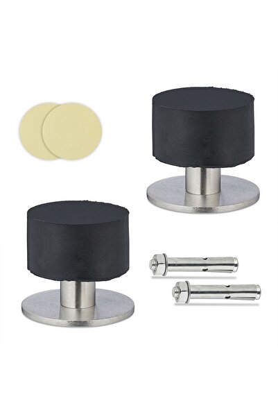 Relaxdays Set of 2 door stops, black/silver, stainless steel and rubber, dime...