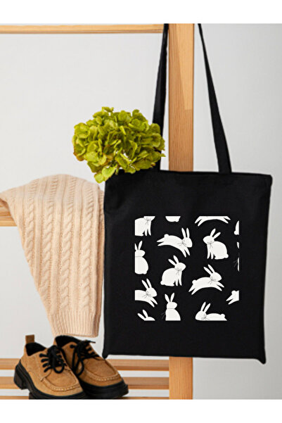 junobi Tavşan Baskılı Siyah Ham Bez Çanta-35x40 cm