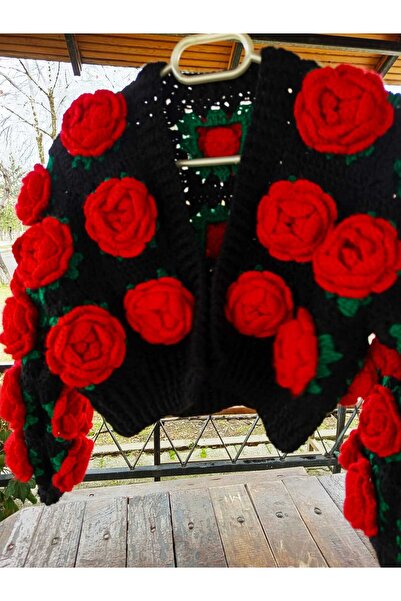 ASFAKA Güllü Hırka El Örgüsü Güllü Hırka Motifli Hırka Crop Hırka