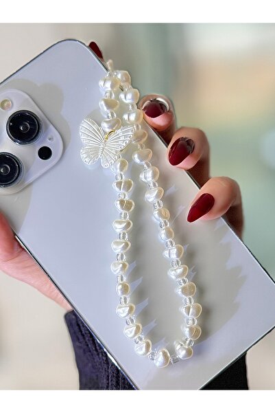MİRAZ TASARIM Cream color phone charm with pearl and butterfly phone strap ba...