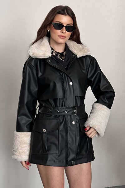moda armanc Women's Fur Detailed Belted Leather Coat Lined Long Faux Leather ...