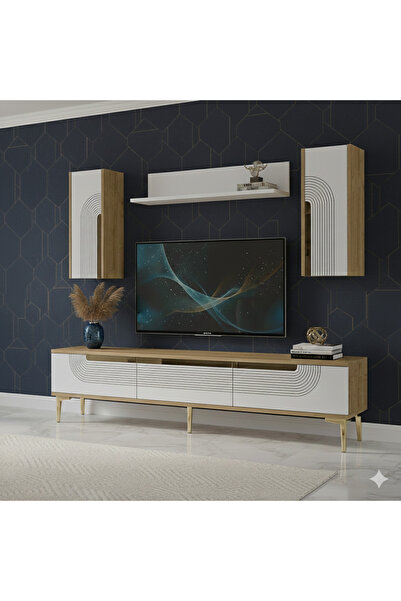 YUMEDİ DESİGN TVR1803DBG - DÜNYA TV ÜNİTESİ TAKIMI 180CM SAFİRMEŞE-BEYAZ-GOLD