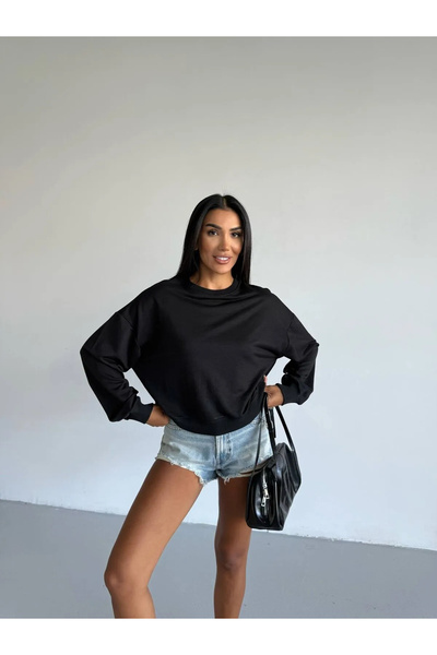HepsitrentStore Black Crew Neck Basic Cotton Sweatshirt