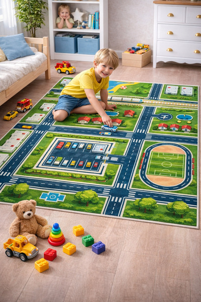 Dormot Modern Popüler Kaymaz Taban Çocuk Oyun Halısı – Şehir ve Yol Desenli 1...