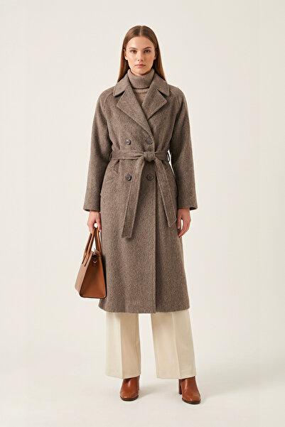 Soydan Güner A. Kahverengi Reglan Kol Belden Oturtmalı Yırtmaçlı Alpaka Tuşel...