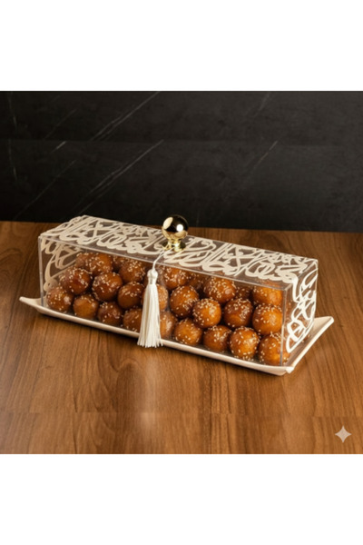 Generic Luxury beige serving dish with a transparent lid and Arabic patterns