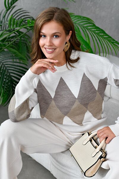 mysimy Crew Neck Diamond Pattern Sweater Pants Set