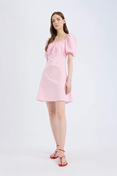 DeFacto Square Neck Linen Blend Short Sleeve Mini Dress D8272Ax25Sm