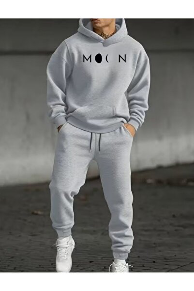 LELVANİ Hooded Tracksuit Set with Geometric'Moon' Print Design